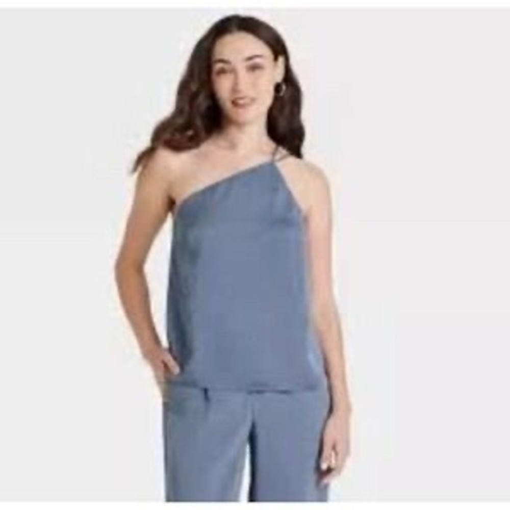 A New Day Womens One Shoulder Tank Top Dark Blue Satin Textured Blouse Large NWT